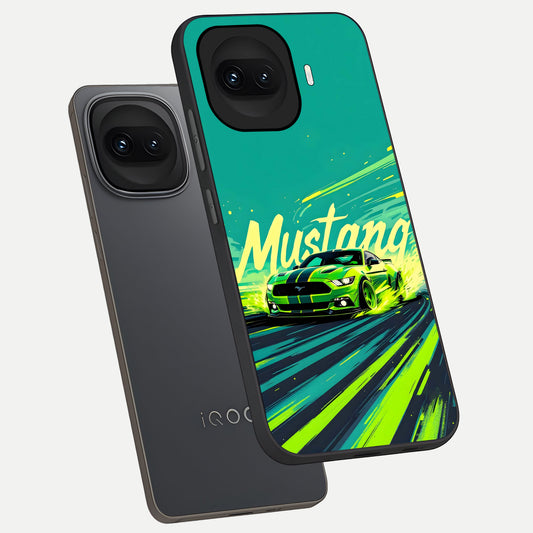 Mustang Bang phone case for iQOO 15R showing premium glass back cover with detailed artwork