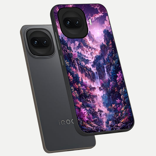 Mystic Cascade Peaks phone case for iQOO 15R showing premium glass back cover with detailed artwork