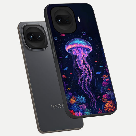 Neon Jellyfish phone case for iQOO 15R showing premium glass back cover with detailed artwork