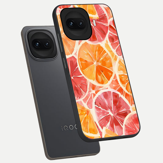Orange Fruits Pattern phone case for iQOO 15R showing premium glass back cover with detailed artwork