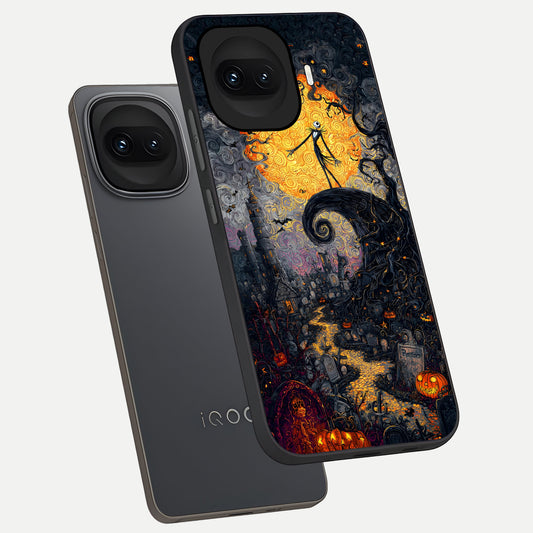 Pumpkin Moon Night phone case for iQOO 15R showing premium glass back cover with detailed artwork