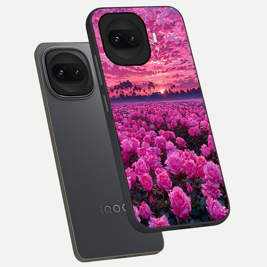 Rose Sunset Valley phone case for iQOO 15R showing premium glass back cover with detailed artwork