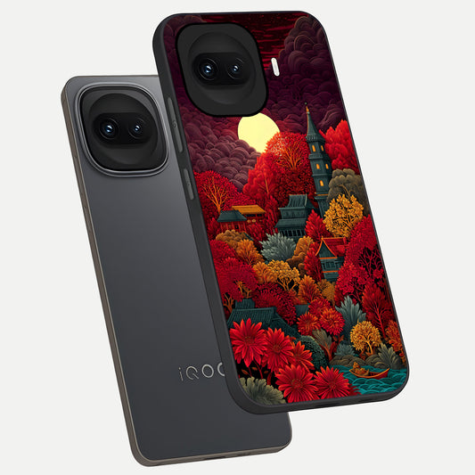 Scarlet Autumn Temple phone case for iQOO 15R showing premium glass back cover with detailed artwork