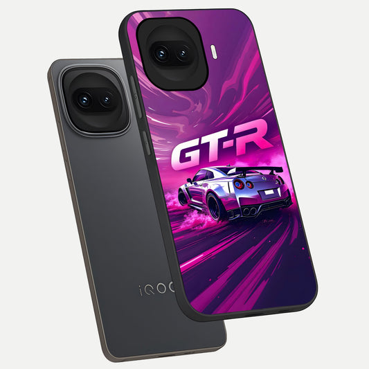 Speed Drift Legend phone case for iQOO 15R showing premium glass back cover with detailed artwork