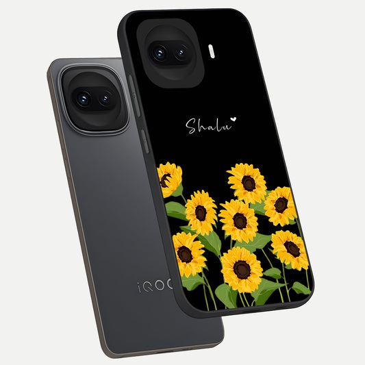 Sunflower Sky Bloom phone case for iQOO 15R showing premium glass back cover with detailed artwork
