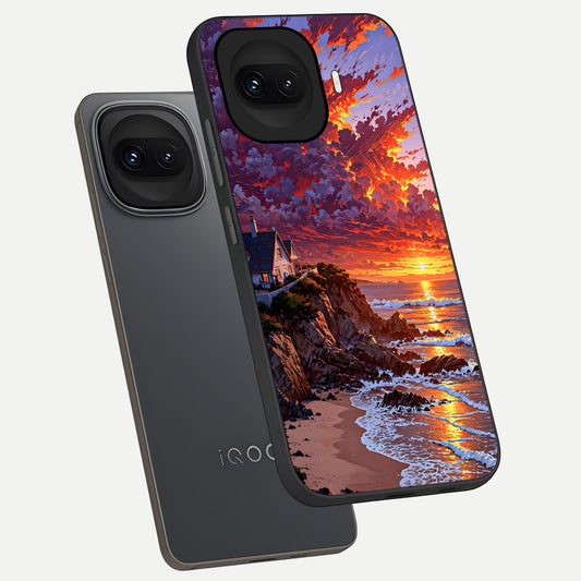 Sunset House By Sea phone case for iQOO 15R showing premium glass back cover with detailed artwork