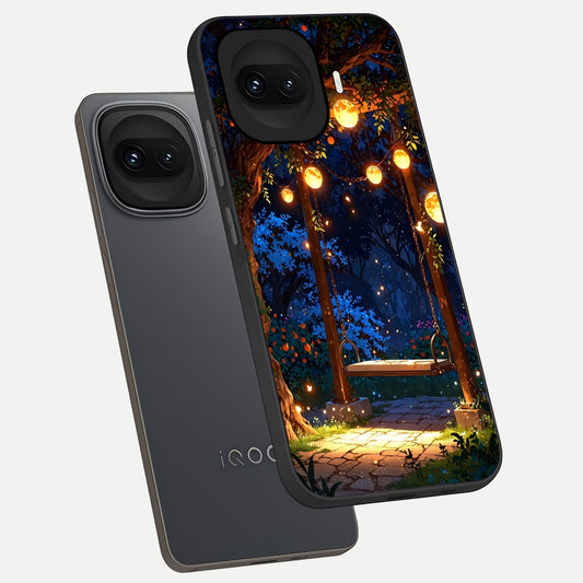 Twilight Garden Swing phone case for iQOO 15R showing premium glass back cover with detailed artwork