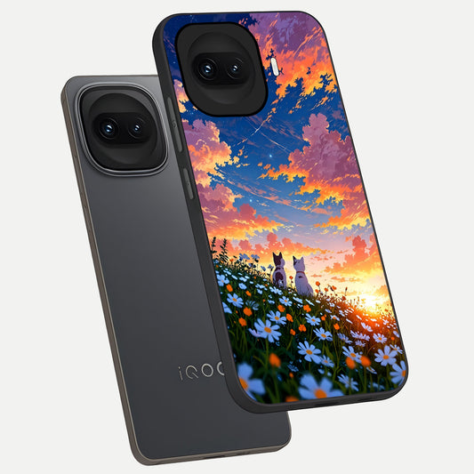 Two Cats Friends phone case for iQOO 15R showing premium glass back cover with detailed artwork