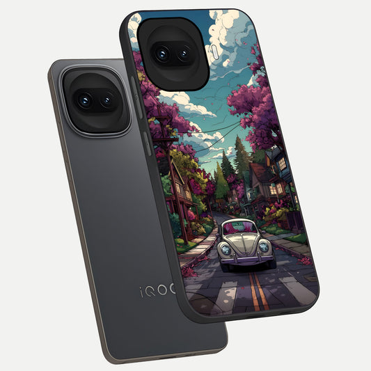 Vintage Street Drive phone case for iQOO 15R showing premium glass back cover with detailed artwork