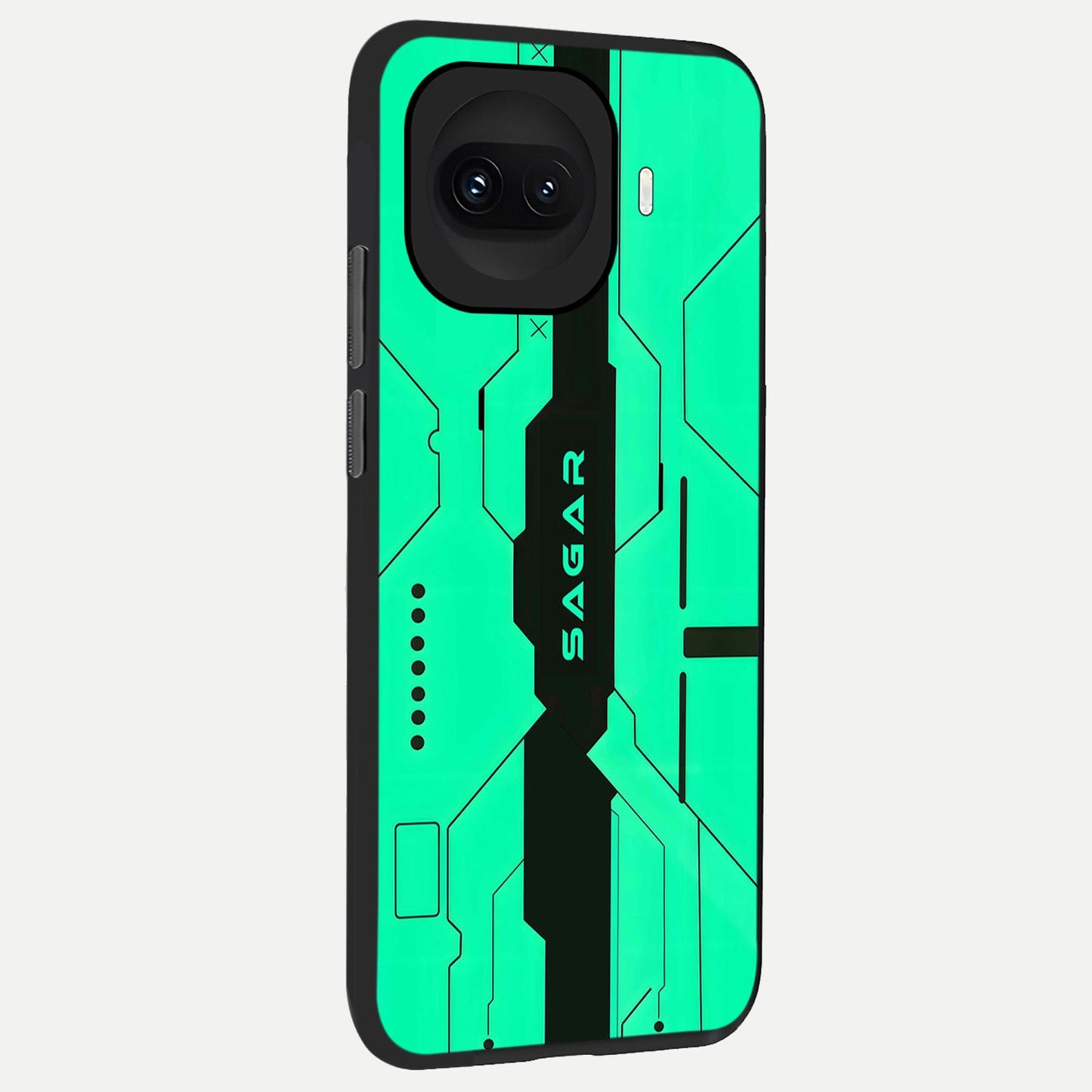 Aqua Tech CYBERPUNK Custom Name back cover for iQOO 15R slim fit glass case with vibrant aesthetic design