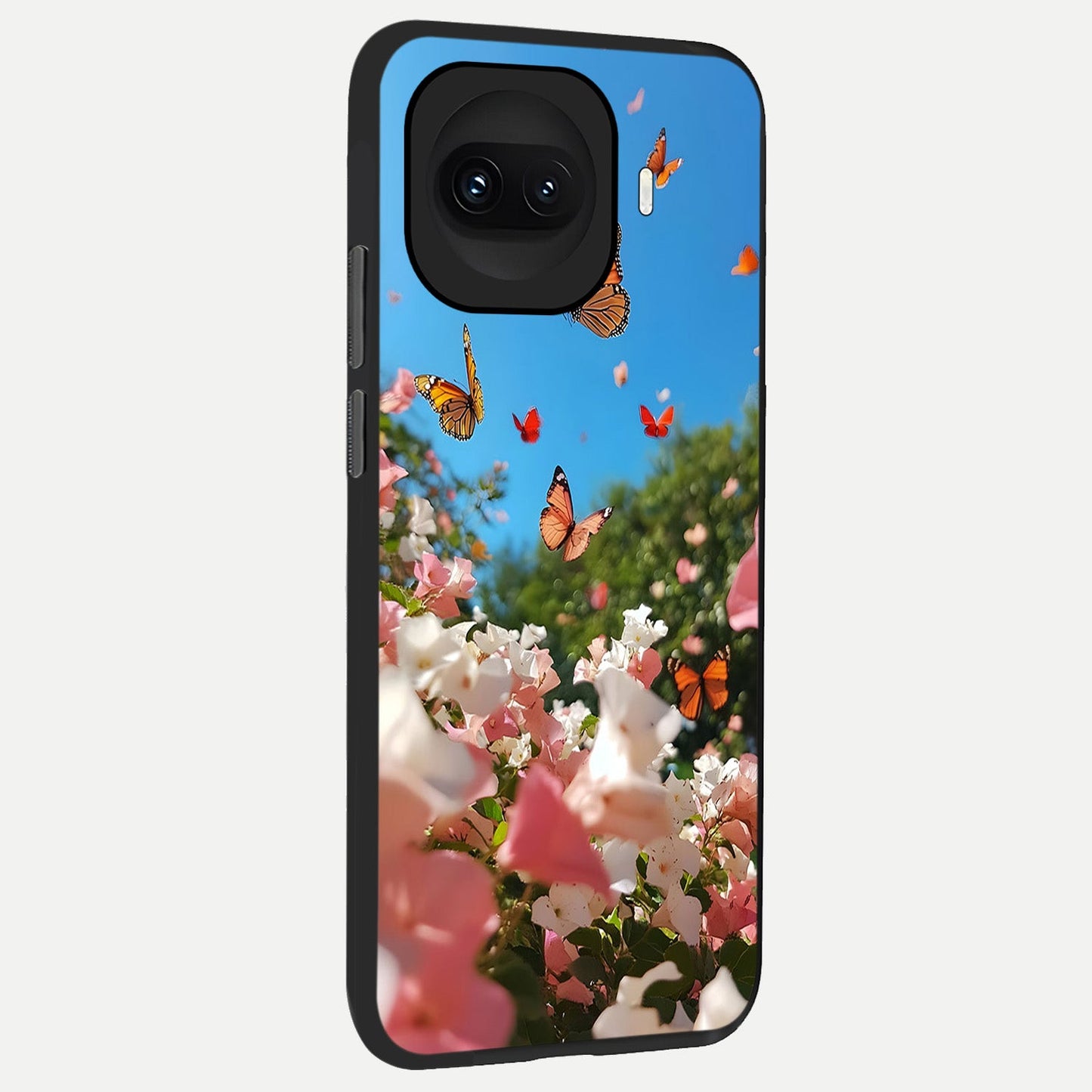 Butterflies In Bloom Sky back cover for iQOO 15R slim fit glass case with vibrant aesthetic design