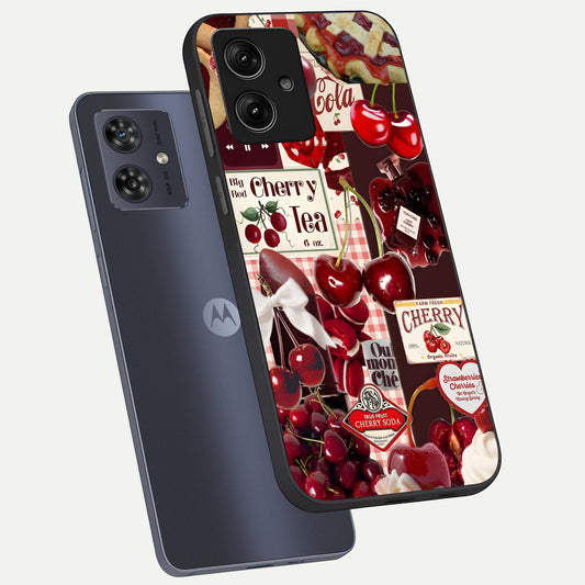 Aesthetic Cherry Tea phone case For Moto G54 showing premium glass back cover with detailed artwork