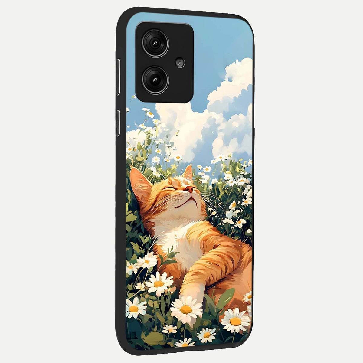 Cat And Flowers View back cover For Moto G54 slim fit glass case with vibrant aesthetic design
