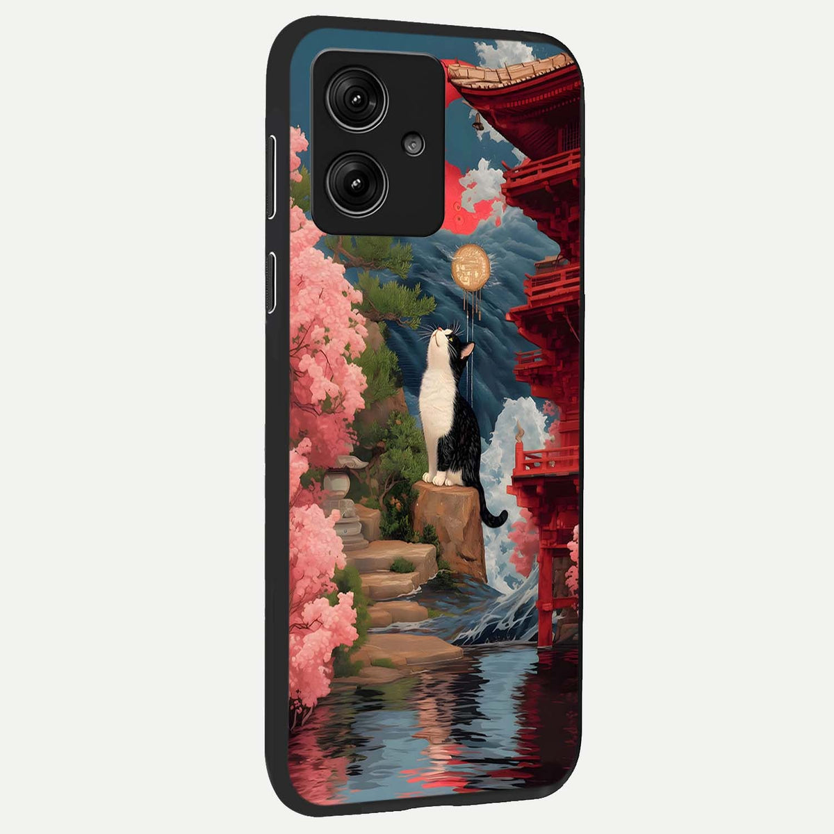 Temple Cat Scenery back cover For Moto G54 slim fit glass case with vibrant aesthetic design