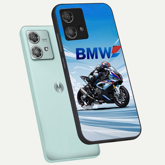 BMW Power Drift phone case For Moto Edge 40 Neo showing premium glass back cover with detailed artwork
