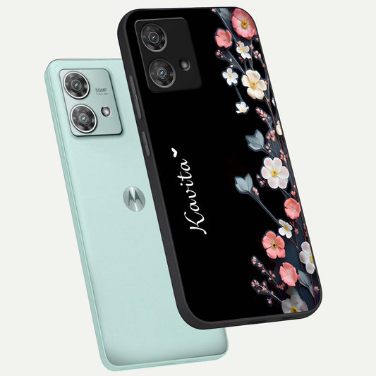Black Elegance Floral Custom Name phone case For Moto Edge 40 Neo showing premium glass back cover with detailed artwork