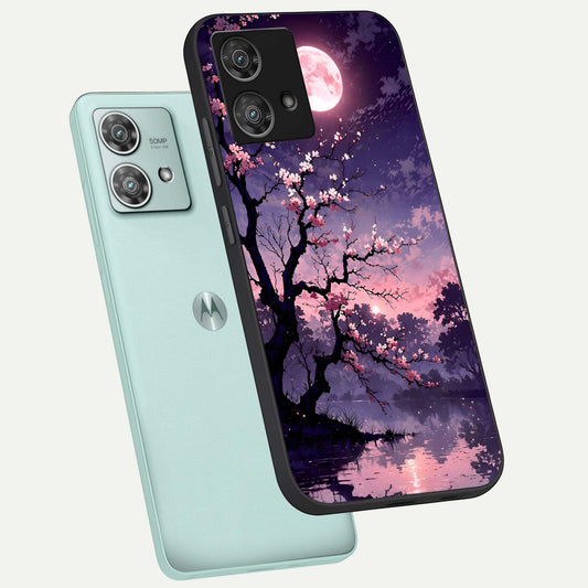 Blossom Pink Moon phone case For Moto Edge 40 Neo showing premium glass back cover with detailed artwork