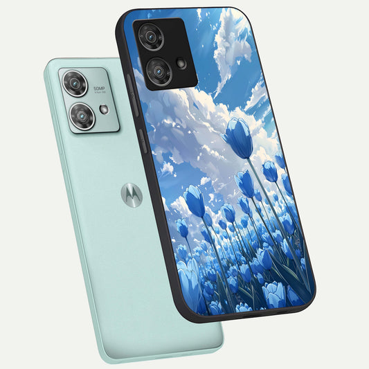 Blue Tulip Clouds phone case For Moto Edge 40 Neo showing premium glass back cover with detailed artwork