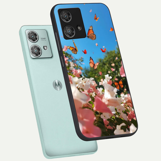 Butterflies In Bloom Sky phone case For Moto Edge 40 Neo showing premium glass back cover with detailed artwork