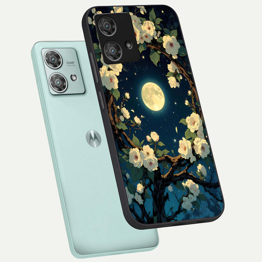 Celestial Moon And Flower phone case For Moto Edge 40 Neo showing premium glass back cover with detailed artwork