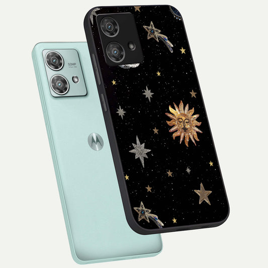 Celestial Moon With Stars phone case For Moto Edge 40 Neo showing premium glass back cover with detailed artwork