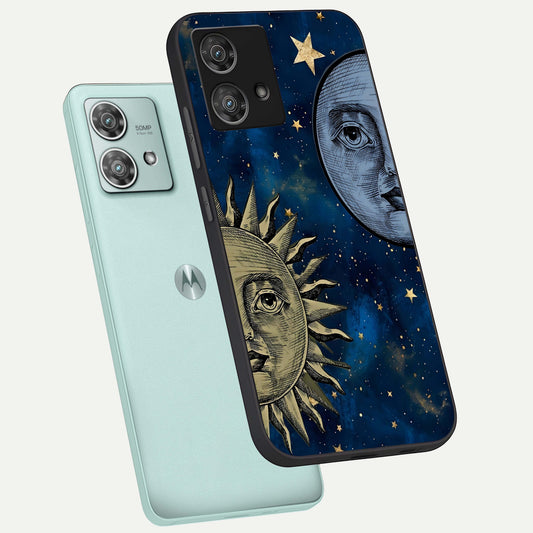 Celestial Moon With Sun phone case For Moto Edge 40 Neo showing premium glass back cover with detailed artwork