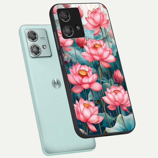 Celestial Pink Lotus phone case For Moto Edge 40 Neo showing premium glass back cover with detailed artwork