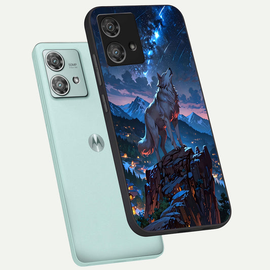 Celestial Wolf Howl phone case For Moto Edge 40 Neo showing premium glass back cover with detailed artwork