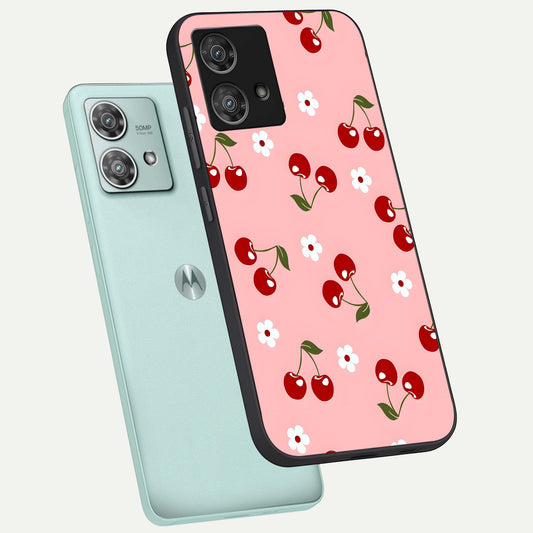 Cherry Love Mood phone case For Moto Edge 40 Neo showing premium glass back cover with detailed artwork