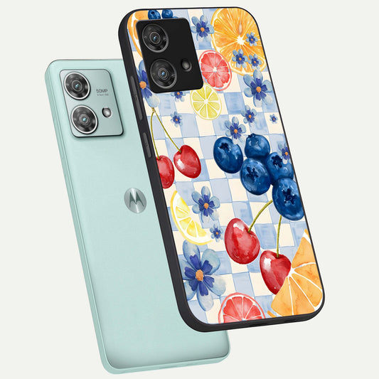 Citrus Bloom Joy phone case For Moto Edge 40 Neo showing premium glass back cover with detailed artwork