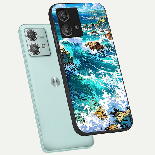 Coastal Blue Waves phone case For Moto Edge 40 Neo showing premium glass back cover with detailed artwork