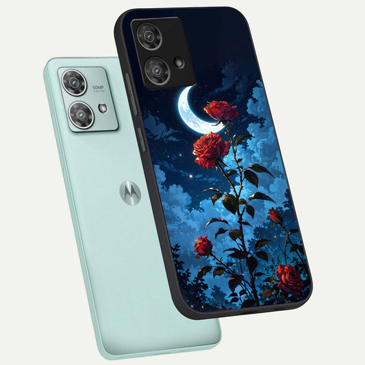 Crimson Rose Moon phone case For Moto Edge 40 Neo showing premium glass back cover with detailed artwork