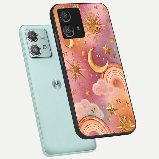 Golden Celestial Dreams phone case For Moto Edge 40 Neo showing premium glass back cover with detailed artwork