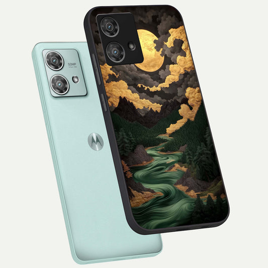 Golden River Moon phone case For Moto Edge 40 Neo showing premium glass back cover with detailed artwork