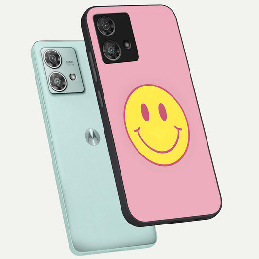 Happy Pink Mood phone case For Moto Edge 40 Neo showing premium glass back cover with detailed artwork