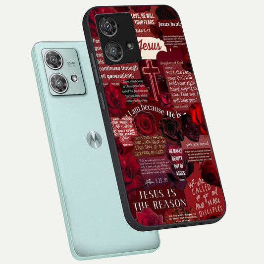 Jesus Love Heals phone case For Moto Edge 40 Neo showing premium glass back cover with detailed artwork