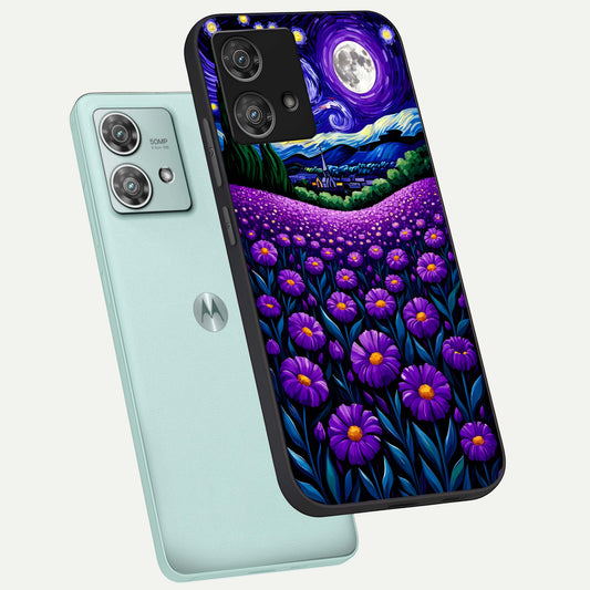 Lavender Moon Field phone case For Moto Edge 40 Neo showing premium glass back cover with detailed artwork