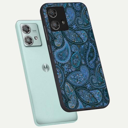 Midnight Paisley Glow phone case For Moto Edge 40 Neo showing premium glass back cover with detailed artwork