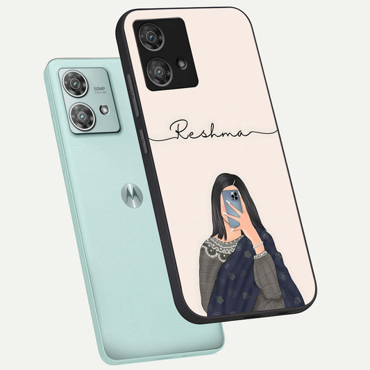 Mirror Mood Muse With Custom Name phone case For Moto Edge 40 Neo showing premium glass back cover with detailed artwork