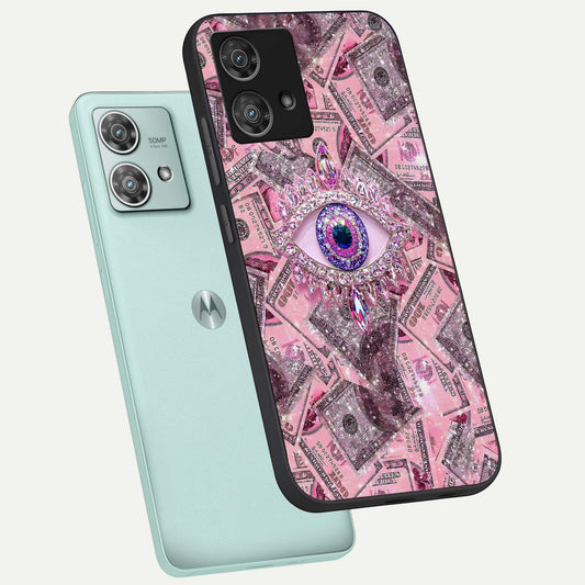 Money Eye Luxe phone case For Moto Edge 40 Neo showing premium glass back cover with detailed artwork