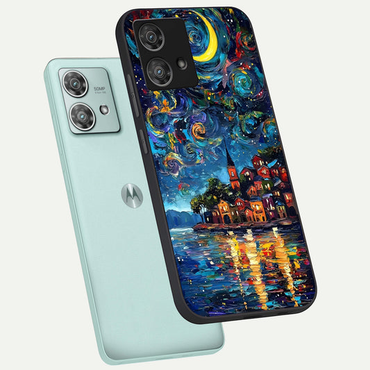 Moonlight Harbor Glow phone case For Moto Edge 40 Neo showing premium glass back cover with detailed artwork