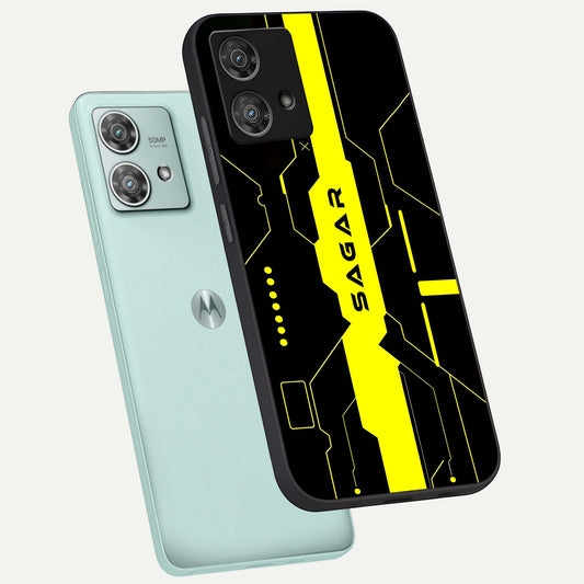 Neon CYBERPUNK Custom Name phone case For Moto Edge 40 Neo showing premium glass back cover with detailed artwork