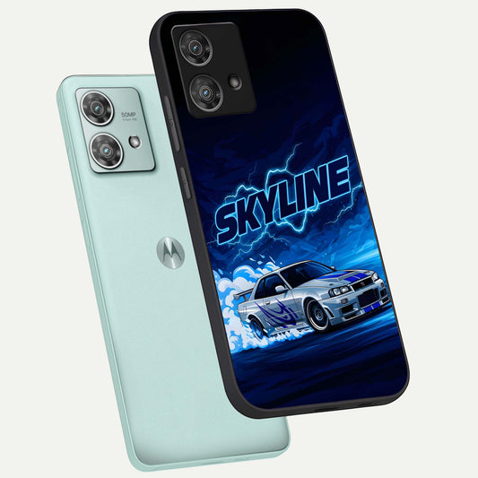 Neon Drift Beast phone case For Moto Edge 40 Neo showing premium glass back cover with detailed artwork