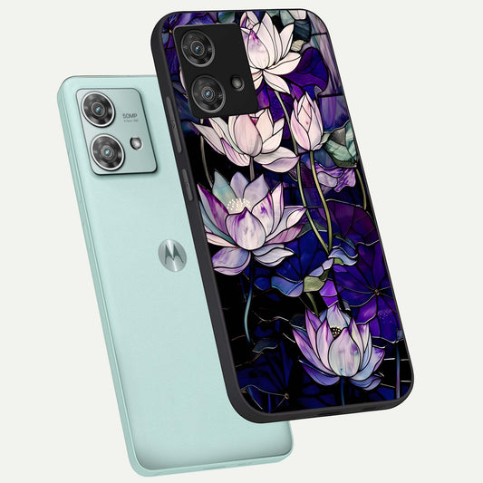 Purple Lotus Pattern phone case For Moto Edge 40 Neo showing premium glass back cover with detailed artwork