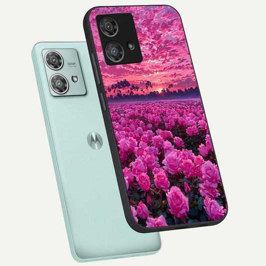 Rose Sunset Valley phone case For Moto Edge 40 Neo showing premium glass back cover with detailed artwork