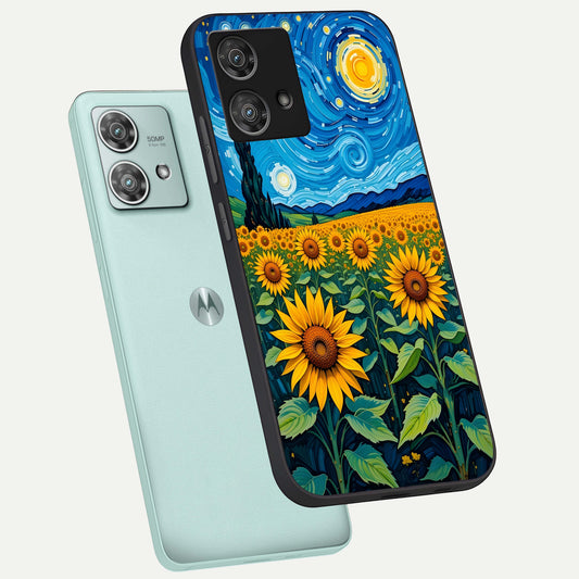 Starry Sunflower Dreams phone case For Moto Edge 40 Neo showing premium glass back cover with detailed artwork