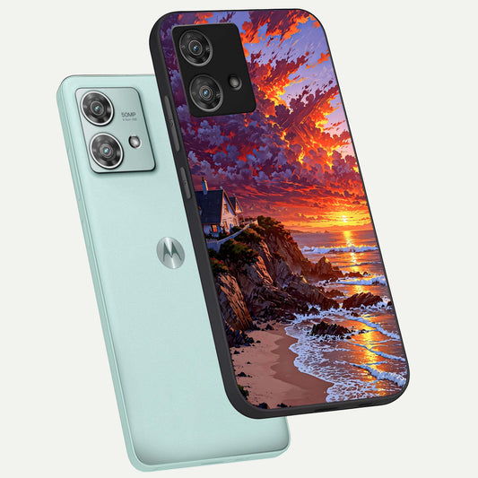 Sunset House By Sea phone case For Moto Edge 40 Neo showing premium glass back cover with detailed artwork