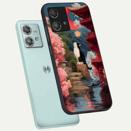 Temple Cat Scenery phone case For Moto Edge 40 Neo showing premium glass back cover with detailed artwork