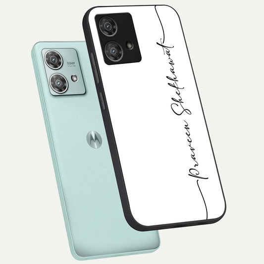 White Tune Custom Name phone case For Moto Edge 40 Neo showing premium custom name glass back cover