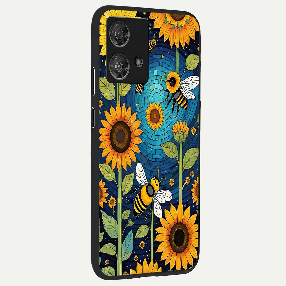 Bees And Sunflowers back cover For Moto Edge 40 Neo slim fit glass case with vibrant aesthetic design